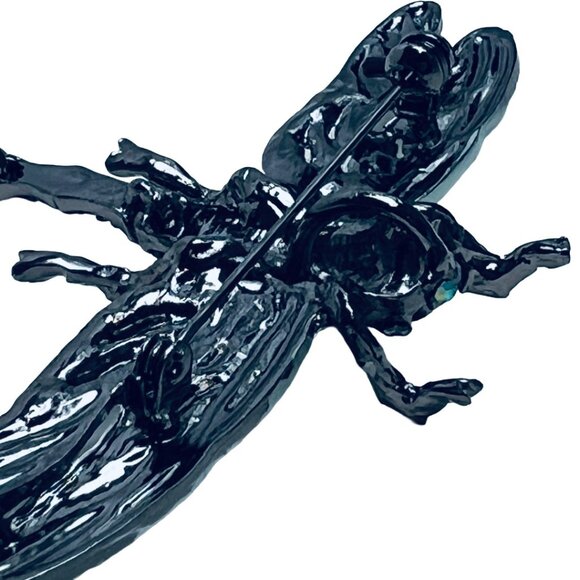 Dragonfly Brooch Pendant Articulated Tail Gunmetal Tone Blue/AB Rhinestones - Picture 5 of 11